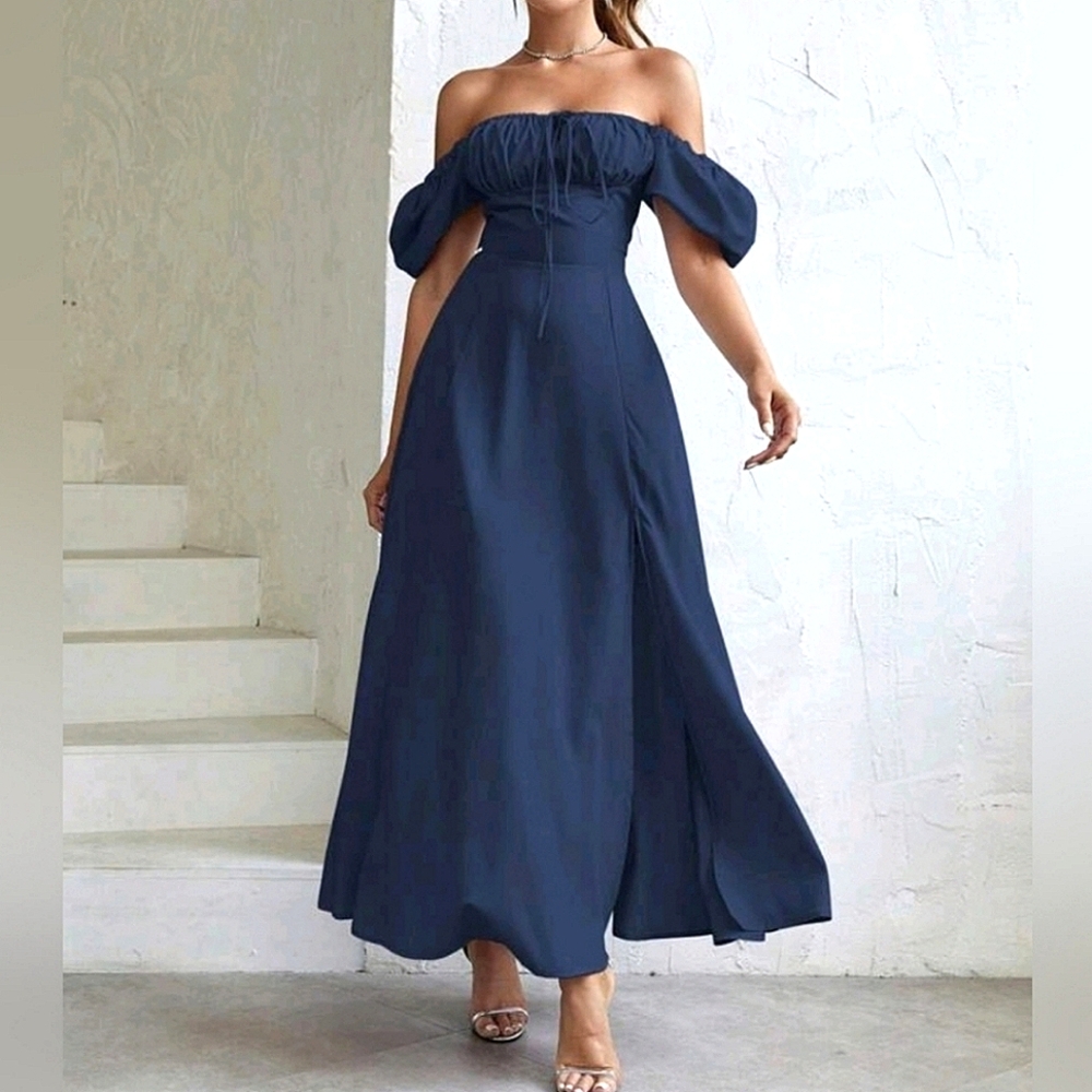 New Vintage Look Tie Ruched Top Split Maxi Dress Navy Blue - Picture 3 of 12